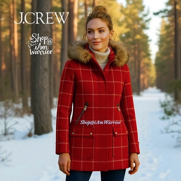 J.Crew lipstick red wool windowpane hooded château parka w/ removable faux trim - Picture 2 of 9